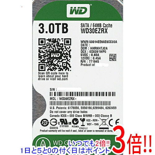 【1日と5.0のつく日、18日はポイント3倍！】【中古】Western Digital製HDD WD30EZRX 3TB SATA600 1000～2000時間以内