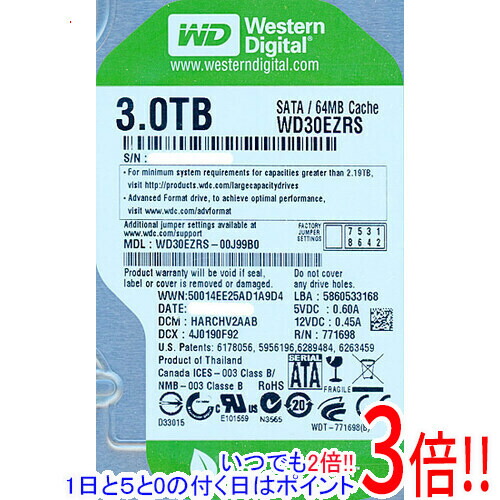 【中古】Western Digital HDD WD30EZRS 3結核症 SATA300 1000～2000第四次元以内