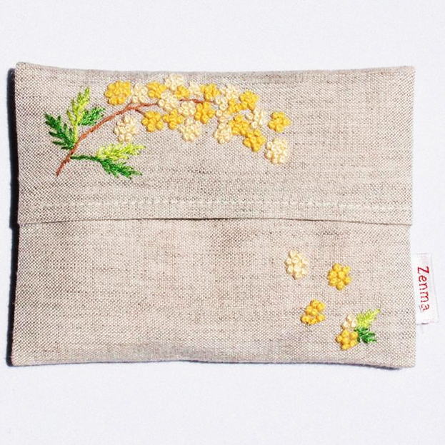 幸せ感じるミモザ刺繍 リネン がま口ポーチ 手刺繍ポーチ がま口