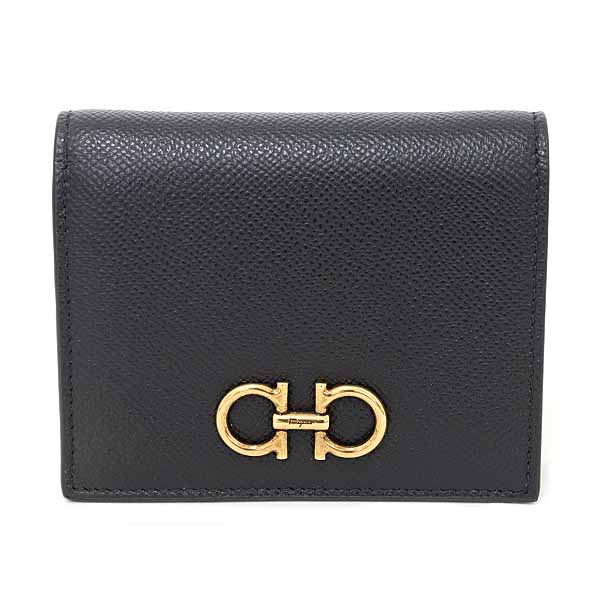 サルヴァトーレ フェラガモ Salvatore Ferragamo ダブル・ガンチーニ 二つ折り財布 カーフ 22D780 726512 ブラック 未使用品