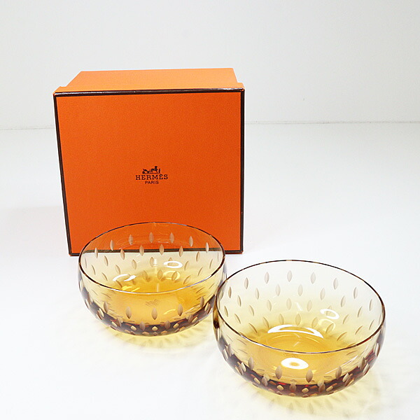 HERMES エルメス 水晶 どんぶり鉢 2点仕掛ける 硝子どんぶり鉢 サラダ菜どんぶり鉢 食器 径約12糎 S価値づける【中古】