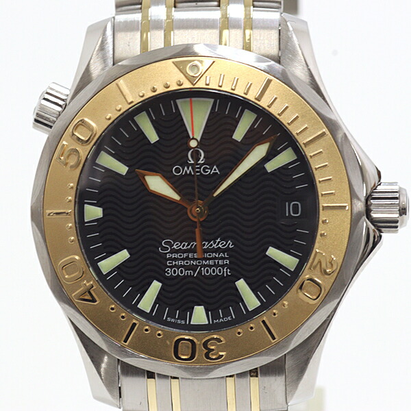 ゼロ OMEGA 2453.50 シーマスター300 専門的 ボーイズ時辰儀 SS/YG 黒いこと文字記号盤 自動小銃一巻き OH済【中古】