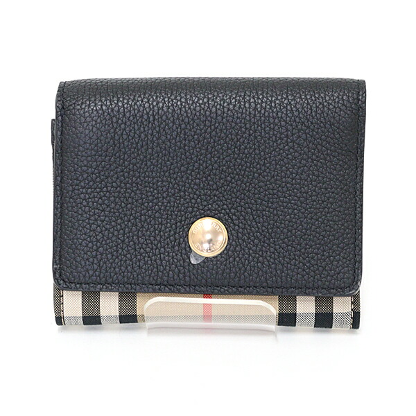 Burberry バーバリー 三つ折り財布 バーバリーチェック ブラック ベージュ系 レザー Sランク【中古】