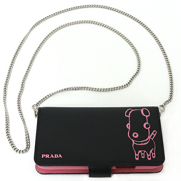 PRADA プラダマリア iPhoneケース Socks ソックス サフィアーノレザー 1ZH078 ブラック+ベゴニア 【中古】Sランク