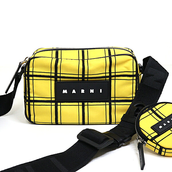 MARNI マルニ チェック PUFF カメラバッグ イエロー ブラック 斜め掛け クロスボディ ミニポーチ付【中古】Sランク｜質かづさや