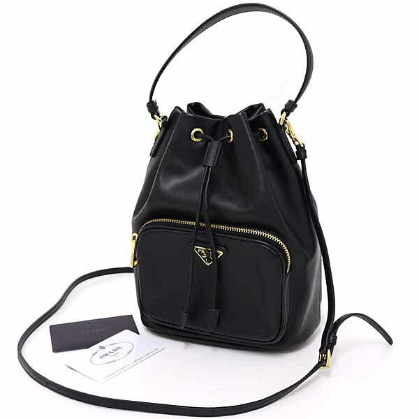 プラダ PRADA デュエット バケットバッグ 2WAY ショルダー 巾着 ソフトカーフ サフィアーノレザー NERO ブラック 1BH038 【中古】Aランク