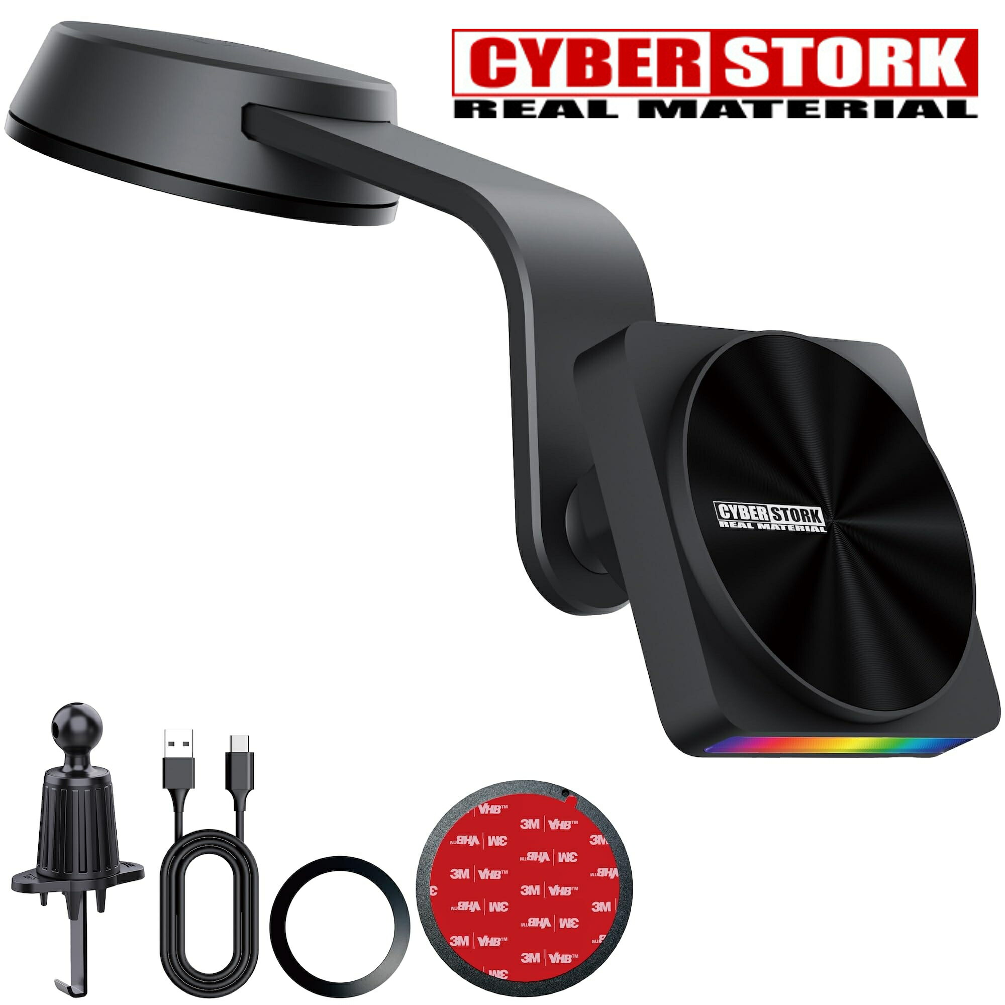 CYBERSTORK(サイバーストーク) スマホホルダー 車 ワイヤレス充電 MagSafe対応 音楽連動イルミ マグフェイス車載ホルダー Qi2急速充電15W 音楽連動イルミ 2WAY取付 片手装着 フレキシブルアーム 360°調整 メタルリング同梱 CK-A22