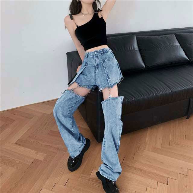 レディースデザインジーンズ 2WAY ジッパーカット 韓国系 S4699 org.jpg