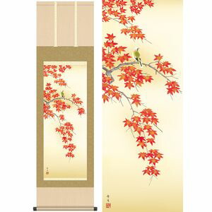 紅葉に小鳥／もみじにことり　幅44.5×高さ約164cm　北山歩生／きたやまほせい　季節飾り　花鳥画　秋掛け 掛け軸 掛軸 [20]