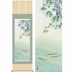 楓に鮎／かえでにあゆ　幅54.5×高さ約190cm　緒方葉水／おがたようすい　季節飾り　花鳥画　夏掛け 掛け軸 掛軸 [20]