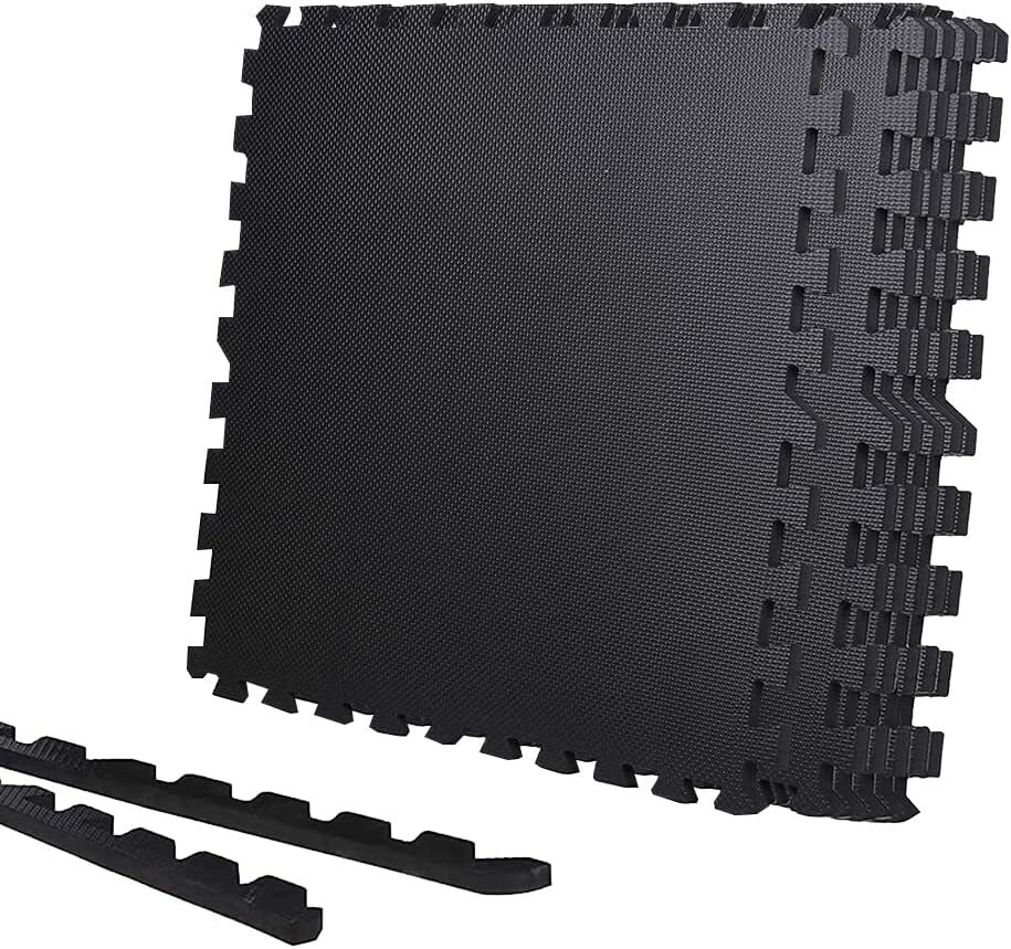 パズルマット十字黒 波黒 24枚セット ジョイントマット ポルト 傷防止 ペット 防音 衝撃吸収マット EVA 極厚 厚さ約1.2cm 60cm×60cm×1.2cm 角用付き2本 ブラック 高硬度 振動吸収 床保護 抗菌 トレーニング器具用マット (十字黒/波黒, 24枚 60*60*1.2cm)