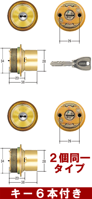 MIWA 鍵 円柱 取り替えっこ用円柱 PR円柱2個区別不能 MIWA-LIX (TE0)手合い 取り替えっこ円柱 ゴールド色 (BS色) 美和ロック