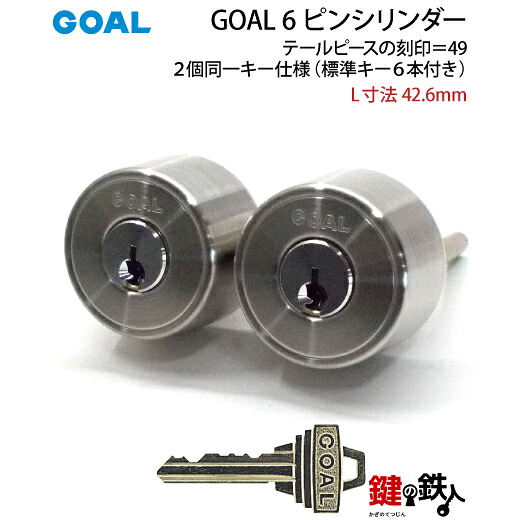 【54-2P-ST】 GOAL TXの6ピンシリンダーの交換 テールピースの数字「49」 L寸法42.6mm TXP 49-43シルバー色 2個同一キータイプの交換用シリンダー ■標準キー6本付き■