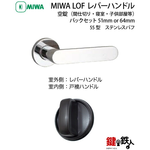 MIWA LOF ステンレス製 55-SB＜br /＞レバーハンドル（片側戸襖ハンドル）一式 交換 取替え用＜br /＞ステンレスバフ＜br /＞空錠（間仕切り・寝室・子供部屋等）＜br /＞【送料無料】
