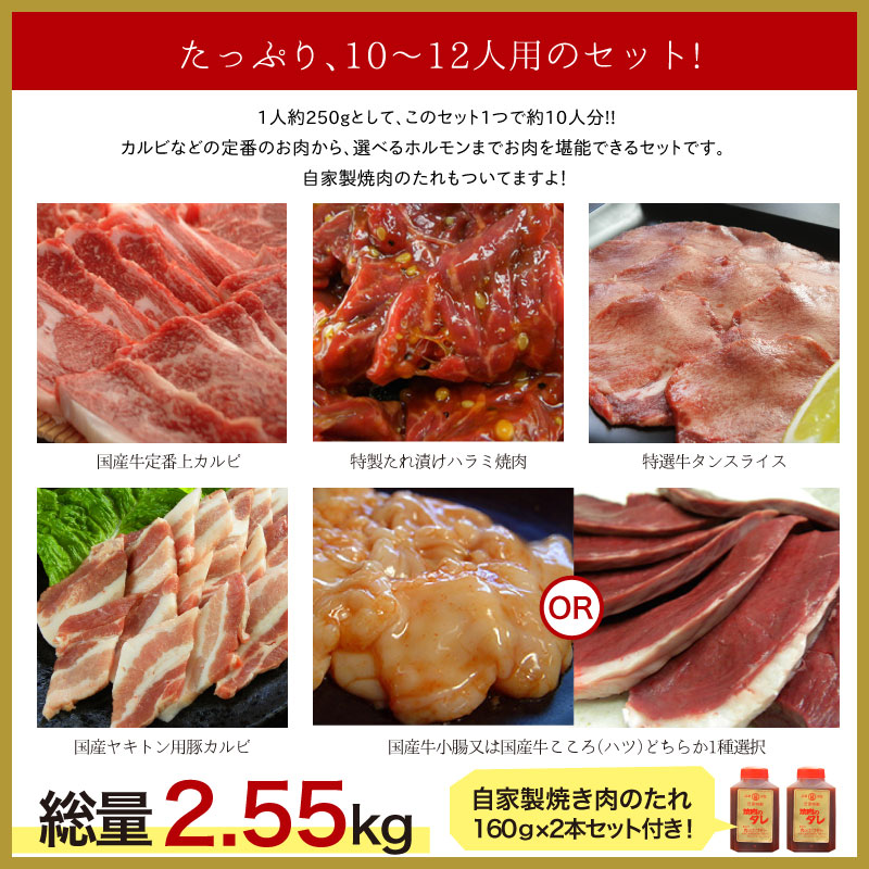 たっぷり焼肉セット(国産牛定番上カルビ,特製たれ漬けハラミ焼肉,特選牛タンスライス,国産ヤキトン用豚カルビ,国産牛小腸or国産牛こころ(ハツ),焼肉のたれ付)2.55kg【送料無料】