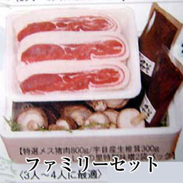 ファミリーセット 3人~4人前 特選メス猪肉 椎茸 ぼたん鍋 牡丹鍋 ジビエ 国産 九州産 大分 天然猪 冷凍 ギフト プレゼント 送料無料 みやもと タビグルメ
