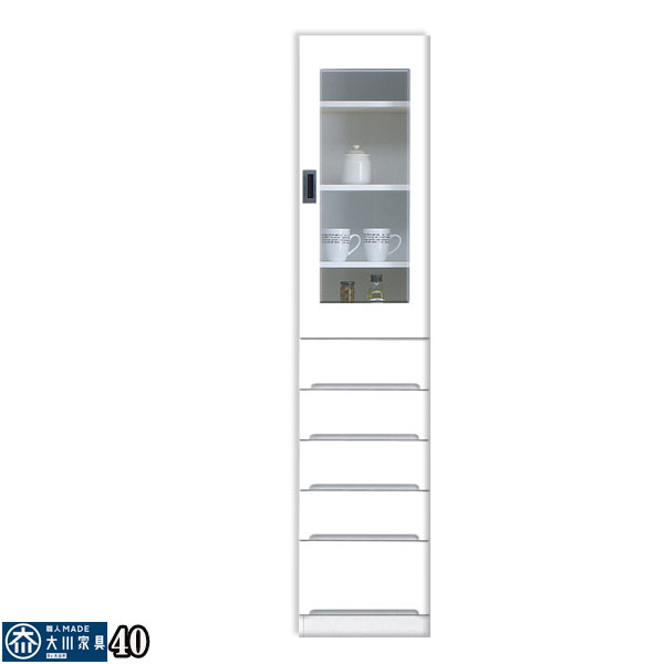 10%offクーポン配布中 食器棚 ランドリー収納 すきま収納 スリム収納 40幅 幅40cm 隙間収納 おしゃれ オシャレ 隙間家具 すきま家具 食器台 キッチンボード 引出し 箱組 ガラス扉 左右開き対応 日本製 カラー等 ホワイト 材質 MDF エナメル塗装 大川家具 アウトレット価格並