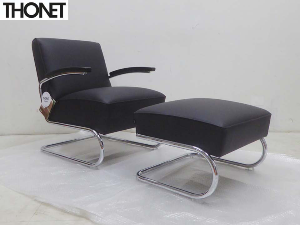 未当て嵌める品 定め事品■THONET トゥーサイバー空間■通貨価値116万円 S411 黒本革なめし革 カンチレバーチェア 待ち合い室長いす 腰掛け オットマンセット