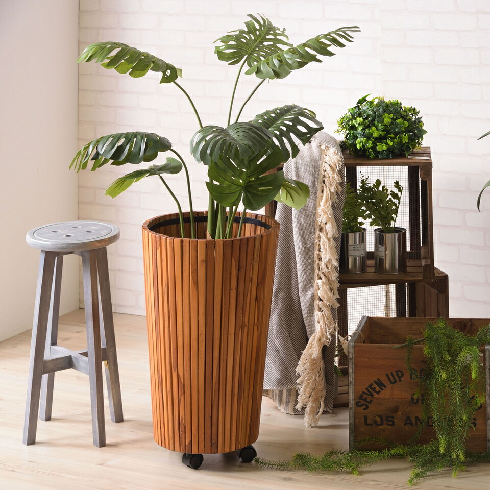 500円OFFクーポン配布中 04/14(火)20:00～ ウッドプランター L 観葉植物 カバー おしゃれ 植物 木製 インテリア キャスター ハイ 天然木 チーク ラッカー塗装 スチール 塗装