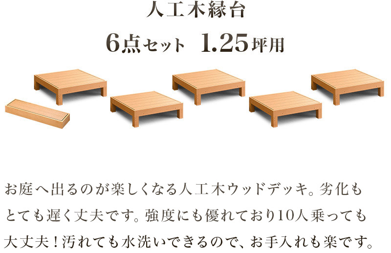 チーク材の木目を再現した高級感のある人工木 デッキ 縁台 ウッドデッキ 人工木 ガーデンファニチャー Diy キット 6点セット 腐りにくい 頑丈 丈夫お手入れが楽 メンテナンス 水洗い可能 Avd 縁台 ウッドデッキ 人工木 6点セット 1 25坪 踏み台付き ブラウン 人工