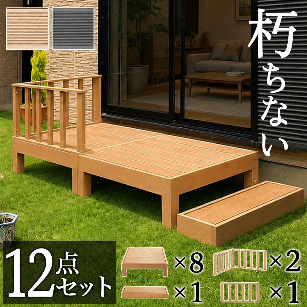 全品50％OFFクーポン配布中 07/25(土)00:00～ ウッドデッキ 人工木ウッドデッキ 12点セット 4帖 2坪 人工木材 ステップ 階段 樹脂 アルミ パネル 置くだけ 大型 ブラウン ウッドデッキ 腐りにくい 頑丈 丈夫 縁台 デッキ ウッドデッキタイル｜家具ドキッ！