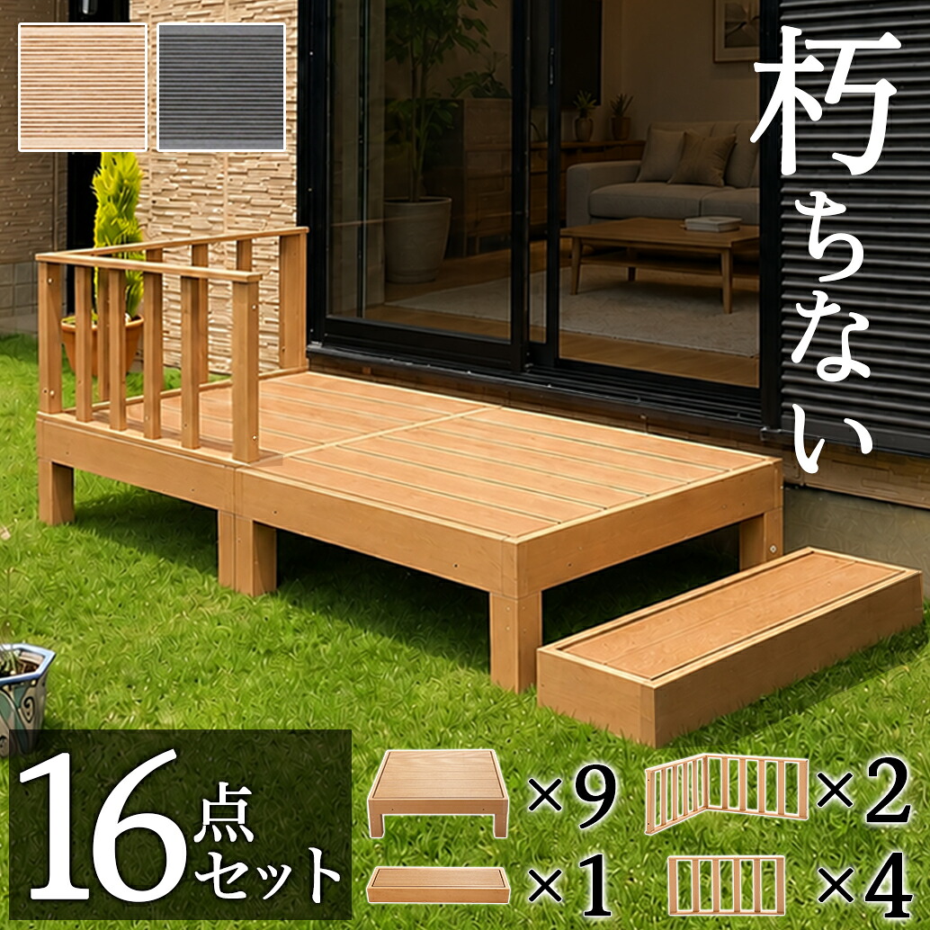 全品50％OFFクーポン配布中 07/25(土)00:00～ ウッドデッキ 人工木ウッドデッキ 16点セット 4.5帖 2.25坪 人工木材 ステップ 階段 樹脂 アルミ パネル 置くだけ 大型 ブラウン ウッドデッキ 腐りにくい 頑丈 丈夫 縁台 デッキ ウッドデッキタイル｜家具ドキッ！