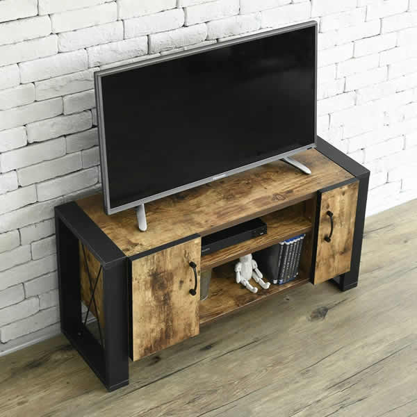 ＜br /＞テレビ台 32型 対応 ヴィンテージ 風 幅 90cm ブルックリン インダストリアル アイアン レコーダー収納 木製 脚付き 扉付き 棚付き ひとり暮らし コンパクト