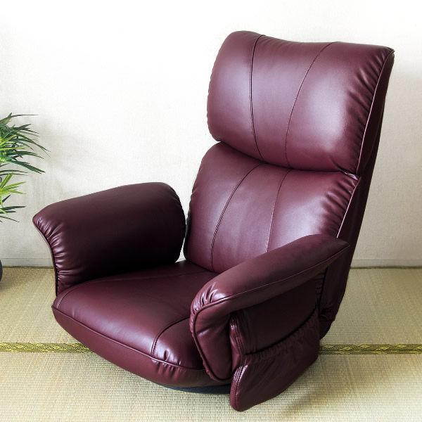 座椅子　フロアーチェア　日本製　手仕事　職人　逸品　高級品　スーパーソフトレザー　収納ポケット　レバー式　天然木　背もたれ13段階リクライニング　ヘッド５段階リクライニング　360°回転式　くつろぎチェア　ブラウン　ブラック　ワインレッド