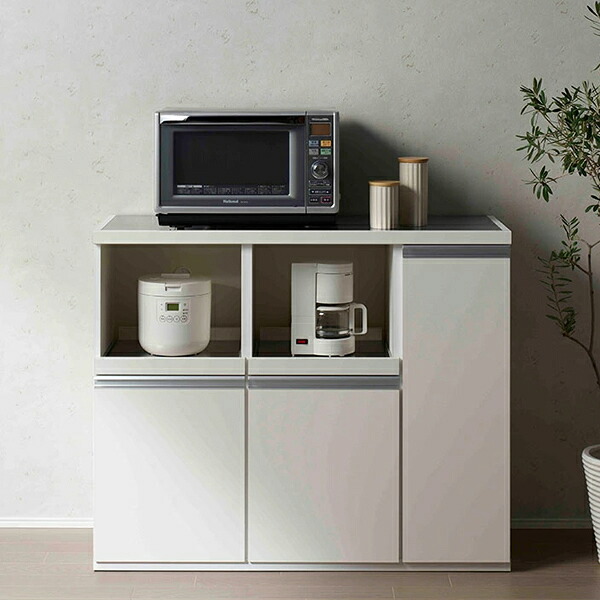 【KITCHEN COUNTER　キッチンカウンター　幅約115cm　】スーパーホワイト　レンジ台　キッチン収納　スライドレール　特殊プリント化粧板　完成品　日本製　F★★★★｜癒しの空間　家具や姫