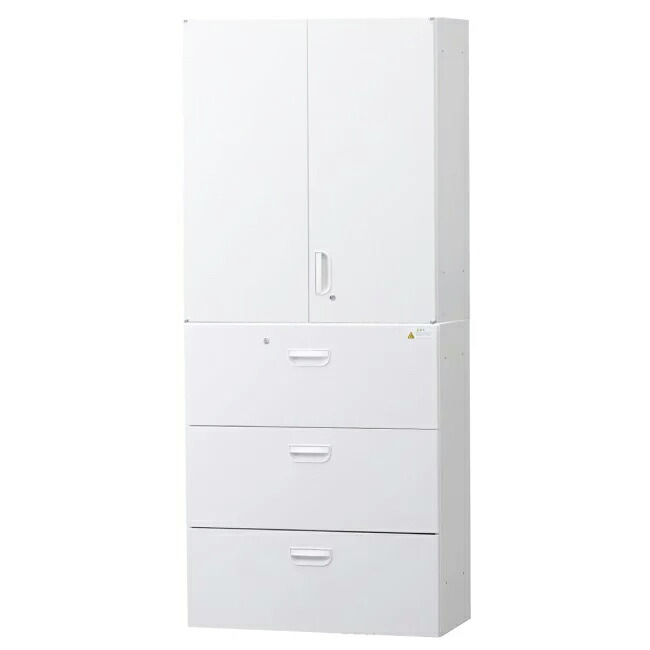 ≪セット商品≫ HCB-SRSU+SL3D-SET スチール書庫 キャビネット 収納 完成品 両開き書庫+ラテラル3段+ベース 戸棚 書棚 オフィス家具市場オリジナル:日本製 W900&times;D450&times;H2160 ホワイト 車上お渡し/時間指定不可 オフィス家具市場オリジナル製 送料無料｜オフィス家具市場　店