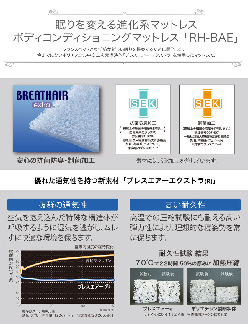 日本限定モデル リハテック Rh Bae 東洋紡 国産 エクストラ フランスベッド ダブル やや硬め ゼルトスプリングマットレス マットレス ボディコンディショニングマットレス 東洋紡 ブレスエアーエクストラ 抗菌防臭防ダニ カグマルfrancebed 国産 2年保証 ボディ