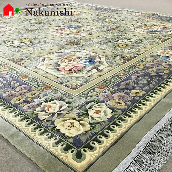 美品【シルク段通】 8畳 大判 カーペット ラグ 花柄 中国シルク段通 シルク絨毯 最高級 260段 ロングの玄関マット