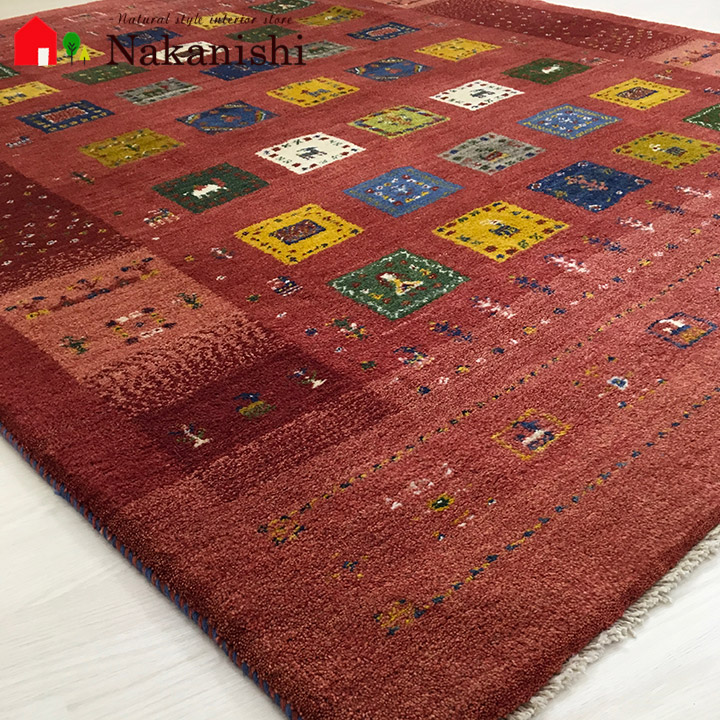 【ギャッベラグ 約1.5畳 約155&times;194cm 12044】GABBEH・ギャッペ(ギャべ)・イラン製・カーペット・ラグ・絨毯(じゅうたん)・レッド系｜カーペット　ギャッベ　家具の中西 129,000円