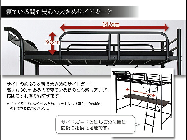 （お買い物マラソン ）ロフトベッド フレームのみ ハイベッド ベッド 高い ベッド デスク付きモダン 新生活 スタイリッシュ ブラック 黒 机 コンセント 棚付き () ts -sss 新生活 家具 新生活