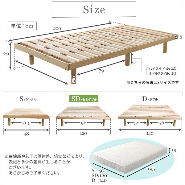 （お買い物マラソン）セミダブル 3段階高さ調節　国産総檜脚付きすのこベッド(ポケットコイルロールマットレス付き)so -sss 新生活｜オーダーラック本棚通販Room&rsquo;s