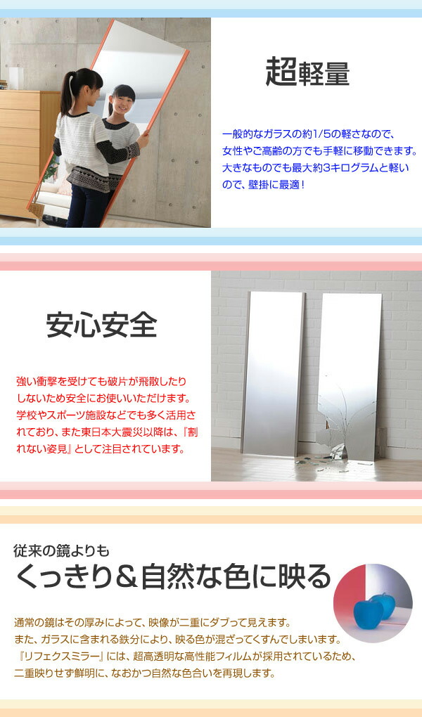サイズ:80×150cm_色:シルバー】リフェクス 壁掛け 床置き 割れない軽
