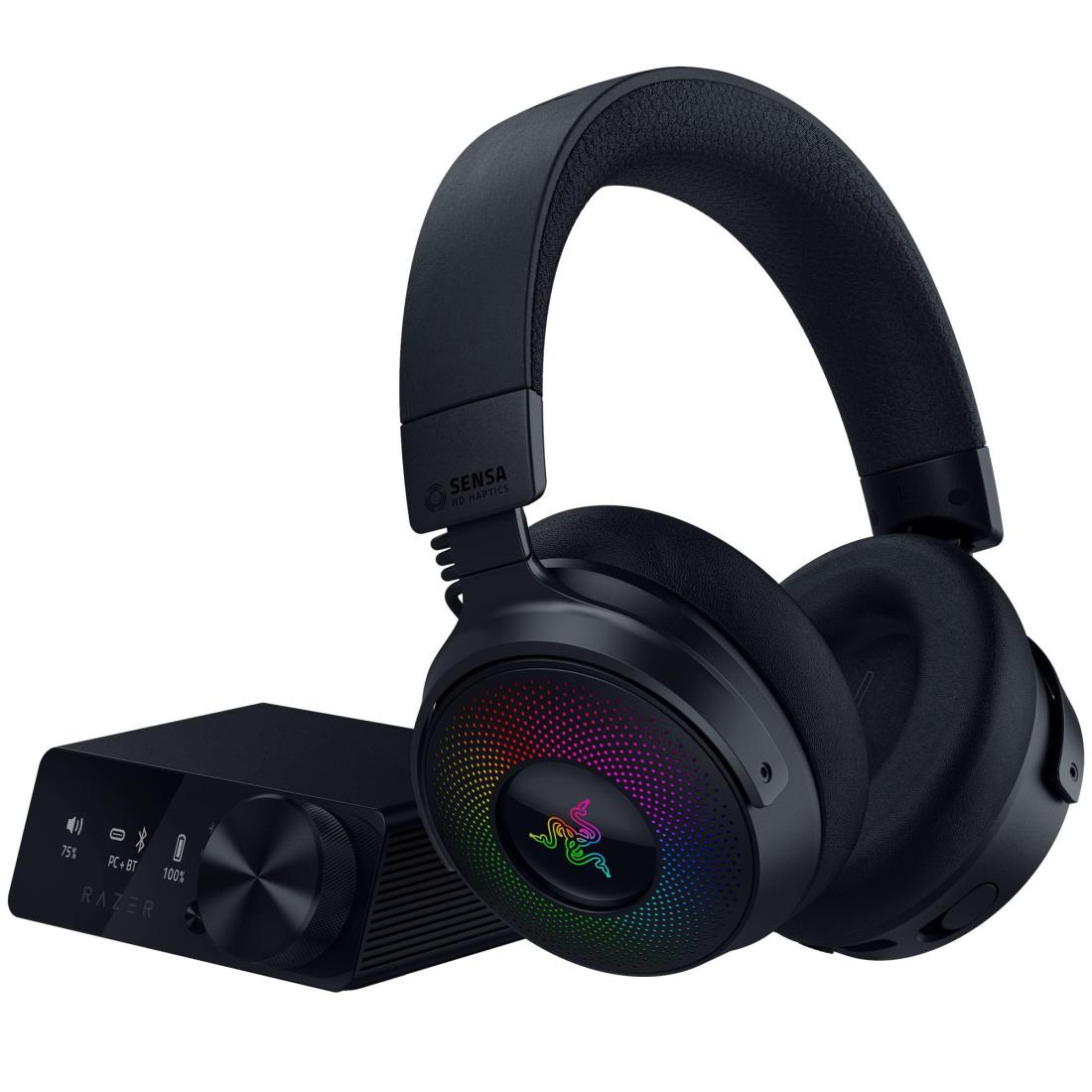 Razer レイザー Kraken V4 Pro ワイヤレスゲーミングヘッドセット OLEDコントロールハブ搭載 HyperSpeed Wireless 2.4GHz Bluetooth USB 3.5mm接続 Sensa HD ハプティクス TriForce バイオセルロース 40mmドライバー 格納式 HyperClear 超広帯域マイク RGB THX 7.1ch 【日本