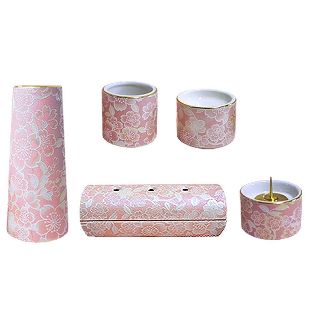 陶器製 モダン仏具5点セット『ゆい花』 (横置き筒型香炉) 桜 (j1272-1-5)