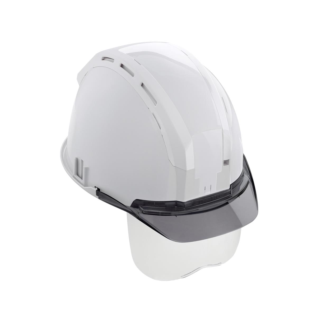 タジマ ヘルメット セフメット ホワイト スモーク シールド付 HSWCSSB 厚生労働省保護帽検定合格品（飛来・落下物用／墜落時保護用） 前後左右4カ所にセフ取付溝 内装スチロールレス・衝撃吸収スクエアライナー構造採用 ヘッドバンドにセフフック付 セフ着脱が可能でバンドや