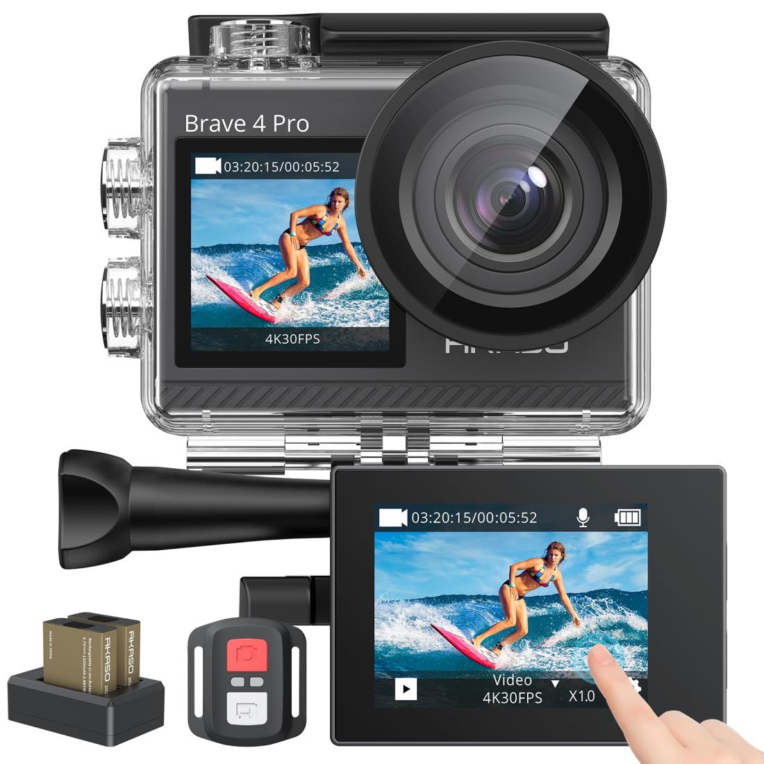 AKASO 動き写真器 4K 20MP解像力 タッチパネル式 デュアル色合い映写幕 40M雨合羽 水中写真器 手ぶれ手を加える 外の方マイクロホン相応う 無線LAN積み上げる HDMI最終生産物 5倍望遠レンズ 遠隔操作付き添い人 1350mAh蓄電池2個付 170度広角 ウェアラブルカメラ 十分な量な付属品 Brave 4 Pro
