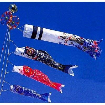 どこでも飾れる!金昇龍吹流し入り15号友禅染め3色鯉のぼりフルセット☆お庭&ベランダ用ナイロンタフタ鯉のぼり【新型どこでもスタンドロングポールタイプ付】<江戸唯一の鯉職人川尻金龍作>【C6501】|kai-shop 店