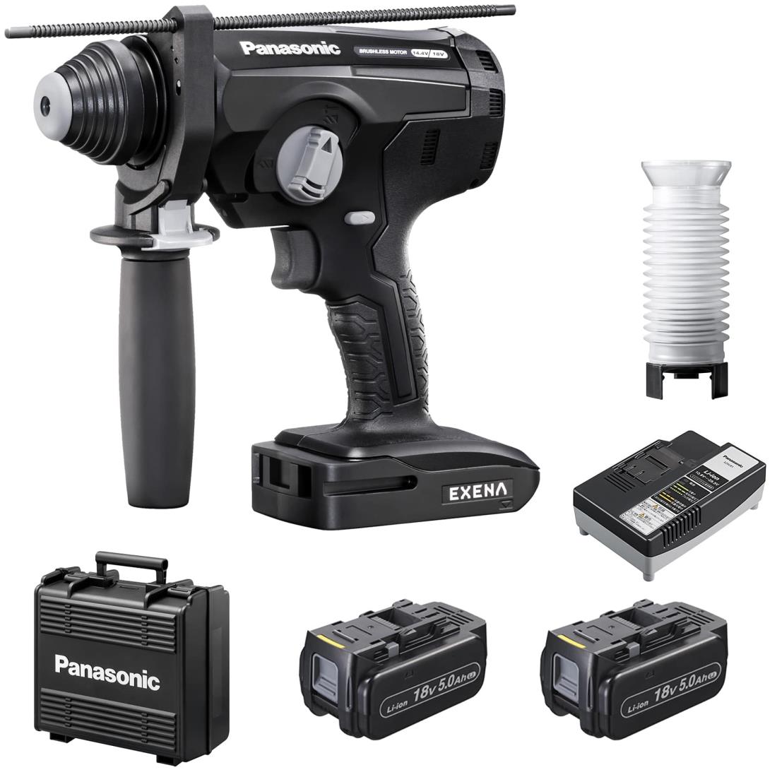 パナソニック(Panasonic) 申し受ける鉄鎚せん孔機 18V 5.0Ah蓄電池風呂敷き包み×2個/申し受ける器/可塑性物質入れもの付 デュアル(14.4V/18V) 軽さ 2.4Kg EXENA Pつづき物 EZ1固定ディスク1J18D-B 黒いこと