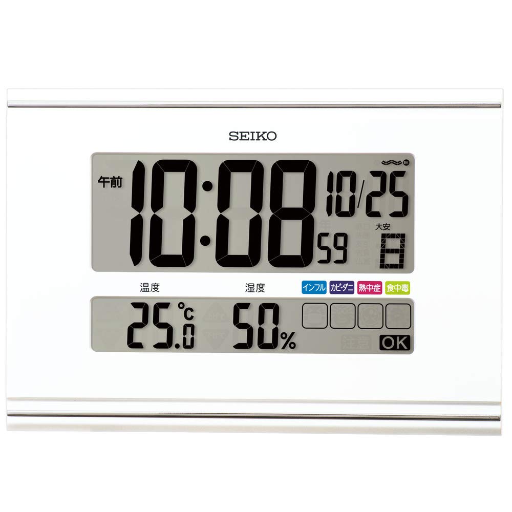 セイコークロック 掛け時計 置き時計兼用 電波 快適環境NAVI デジタル 白パール 180×260×22mm SQ445W
