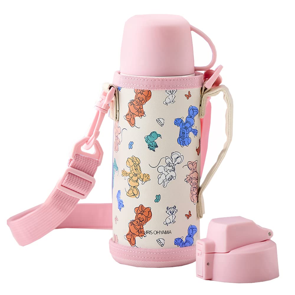 アイリスオーヤマ 水筒 子供用 キッズ 2WAYボトル 600ml ミニー コップ付きタイプ 直飲みタイプ 簡単付け替え出来る 1歳から使える オールシーズン対応可能 保冷7℃以下,保温73℃以上6時間キープ 真空断熱構造 通園通学におすすめ お手入れラクラク 丈夫なステンレス製 長さ