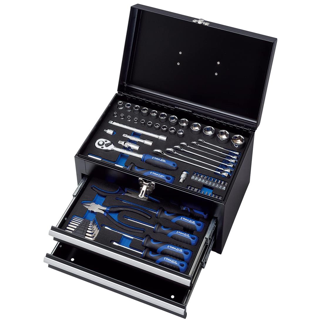 イーバリュー(E-Value) 整備工具セット ツール70点+ツールチェスト ブラック EVAマットトレー仕様 各種メンテナンス対応 バイク 自動車 DIY 日曜大工向け EST-2270BK｜kai-shop 店