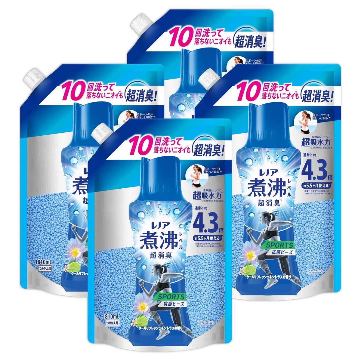 レノア 煮沸レベル消臭 抗菌ビーズ SPORTS クールリフレッシュ&シトラス 詰め替え 1,810mL&times;4袋 [大容量] [ケース品] 柔軟剤と一緒に使って効果長続き｜kai-shop 店