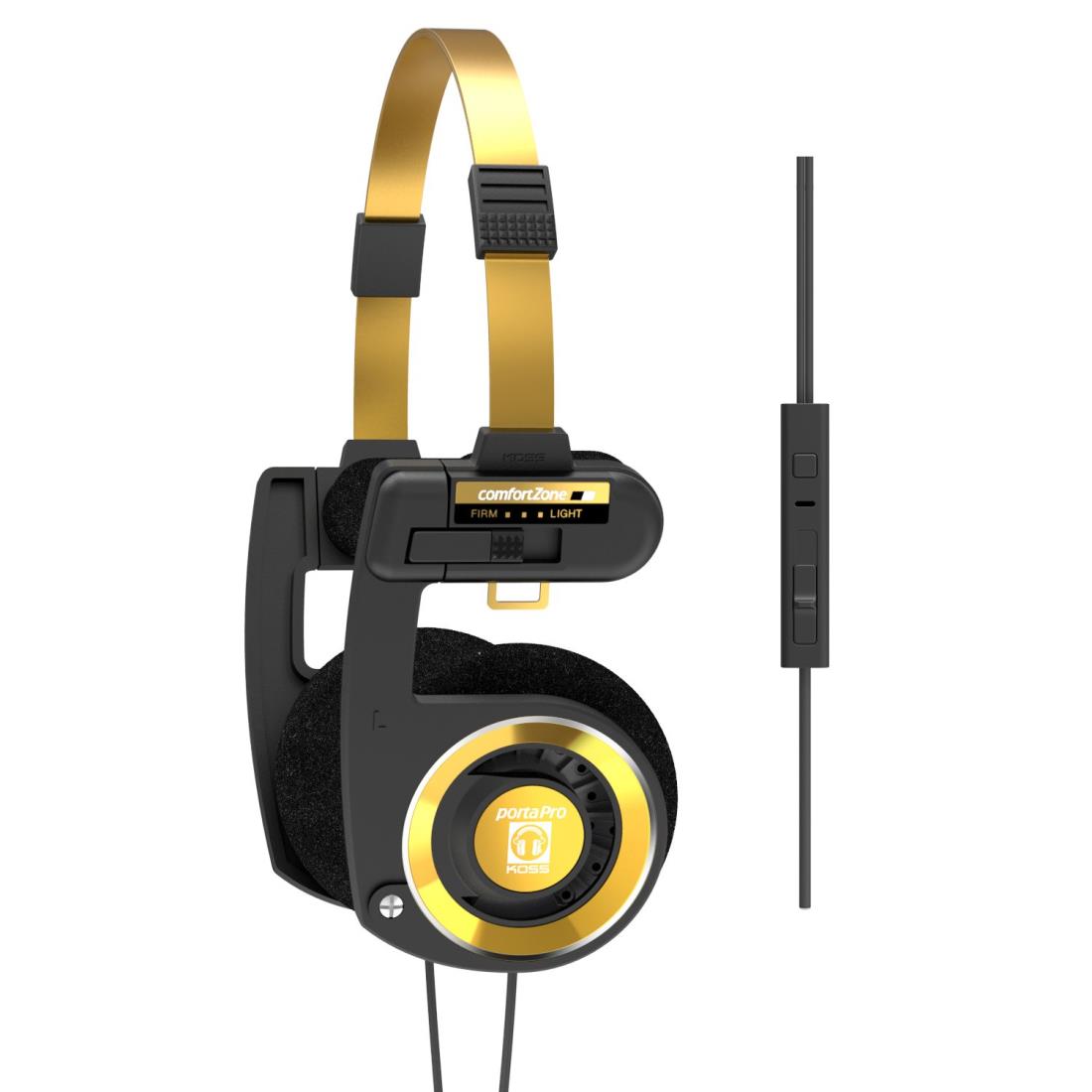 Koss Porta Pro 限定版ブラックゴールドオンイヤーヘッドフォン、インラインマイク、ボリュームコントロール、タッチリモコン、ハードキャリングケース付き、3.5mmプラグ付き有線、ブラックとゴールド。|kai-shop 店