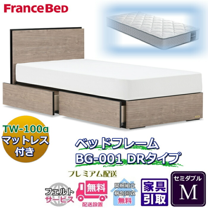 フランスベッド ベッドフレームマットレスセット BG-001 DR セミダブル TW-100付き 【開梱組立設置無料】引出付き マットレスTW-100α M