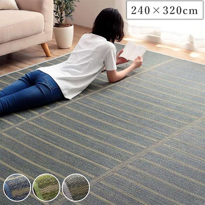 【沖縄・離島配送不可】【代引不可】ラグ 長方形 い草 約6畳 約240&times;320cm 自然素材 ボーダー 裏面すべり止め付き 滑りにくい 抗菌防臭 IKEHIKO G8490039｜補聴器専門店　快聴生活