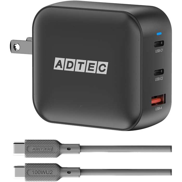 100W コンパクトPD充電器 Type-Aポートｘ1 Type-Cポートｘ2 ブラック ケーブルセット ADTEC APD-V100AC2-BK-SCU2